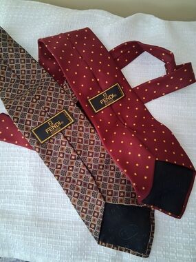 Fendi Ties (2)  Burgundy Pattern and Burgundy/Gold Polka Dot Silk Ties
